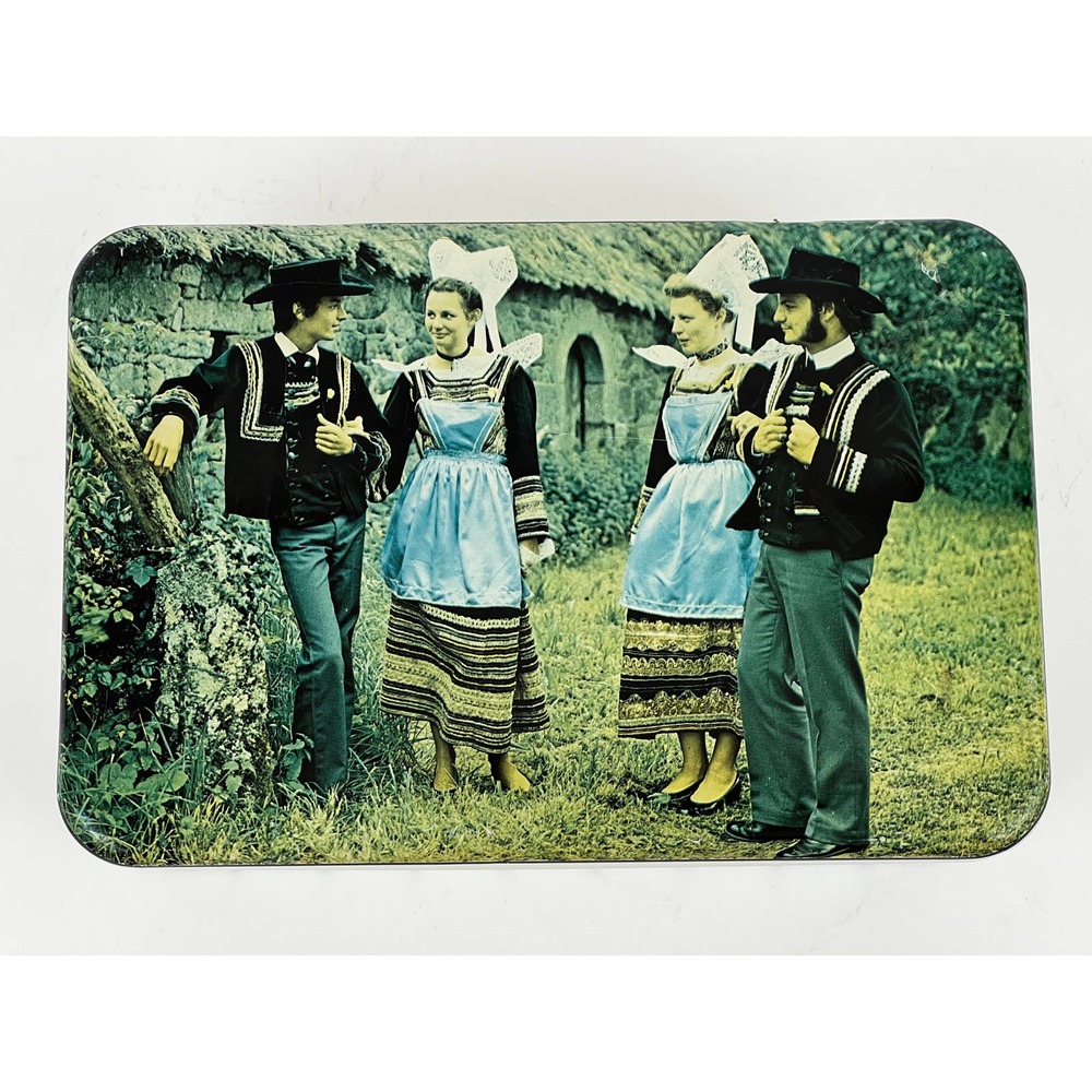 VTG Massilly France Tin Box Decorative Container Traditional Breton Costumes